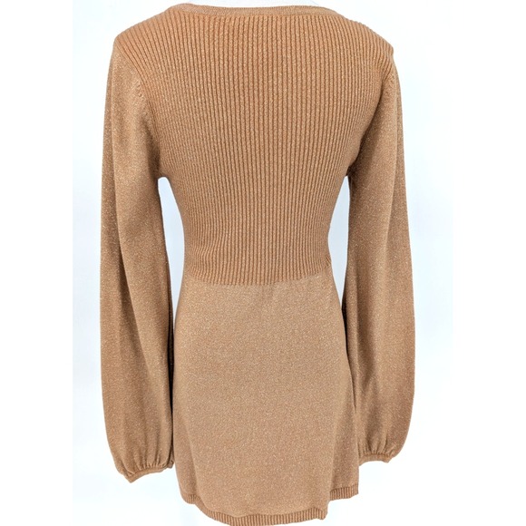 VTG Y2K Charlotte Russe Gold Metallic Babydoll Ribbed Balloon Sleeve Knit Top L - Picture 7 of 15
